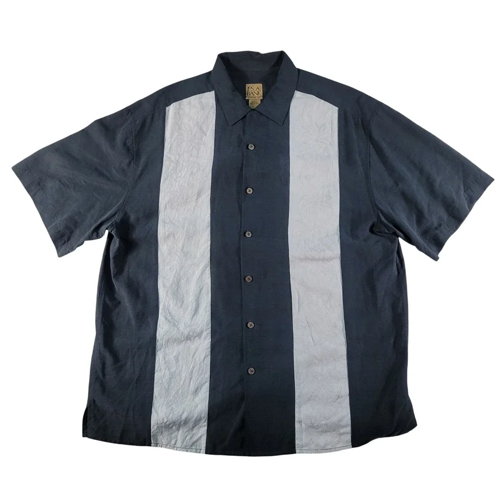 Jos A Bank Silk Bowling Shirt Large Black Camp Collar Retro Panel Rockabilly EUC